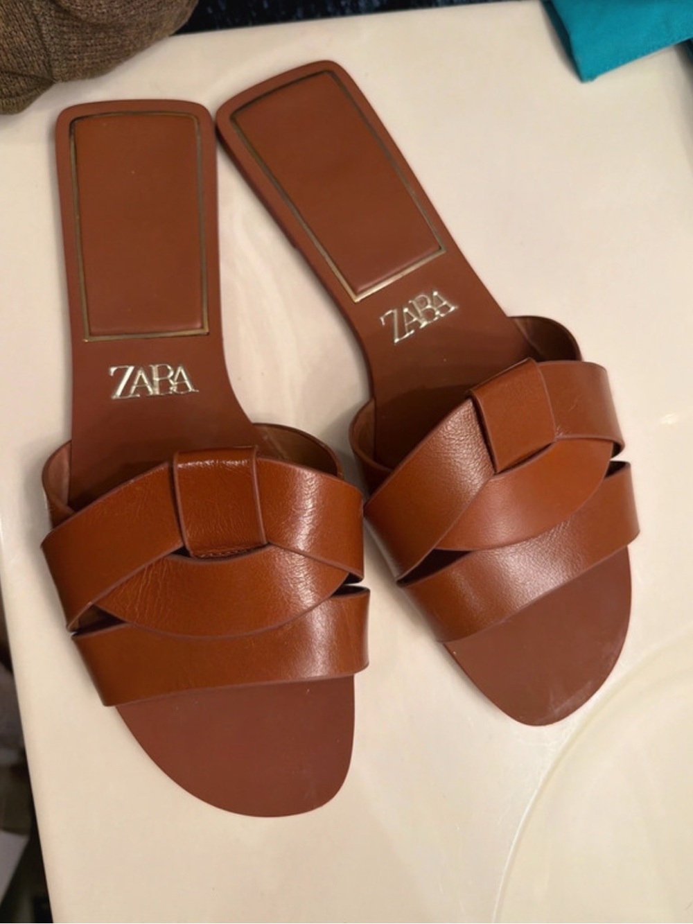 ZARA Tan/Brown Woven Leather Slide Sandals